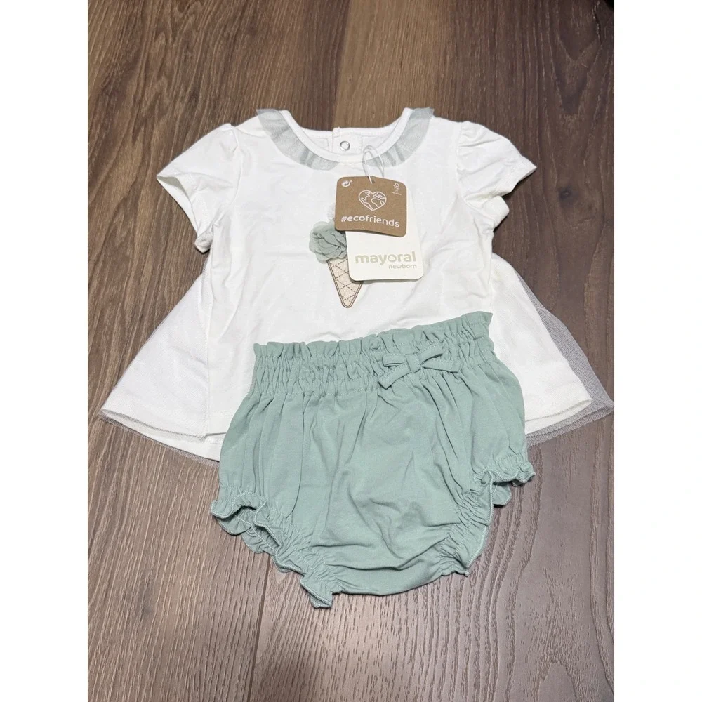 Mayoral Top Bloomer Set Girls NB White Green Ice Cream Eco-Friends Ruffle 2pc